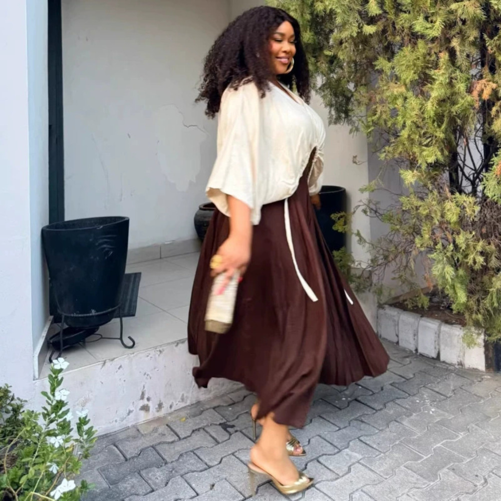 ZARA African Design Plus Size Ruched Asymmetrical Shirt Pleated Long Skirt Set